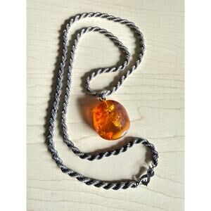 Vintage 800 Silver Rope Chain Necklace w/ Genuine Amber Pendant | 45.7g Total